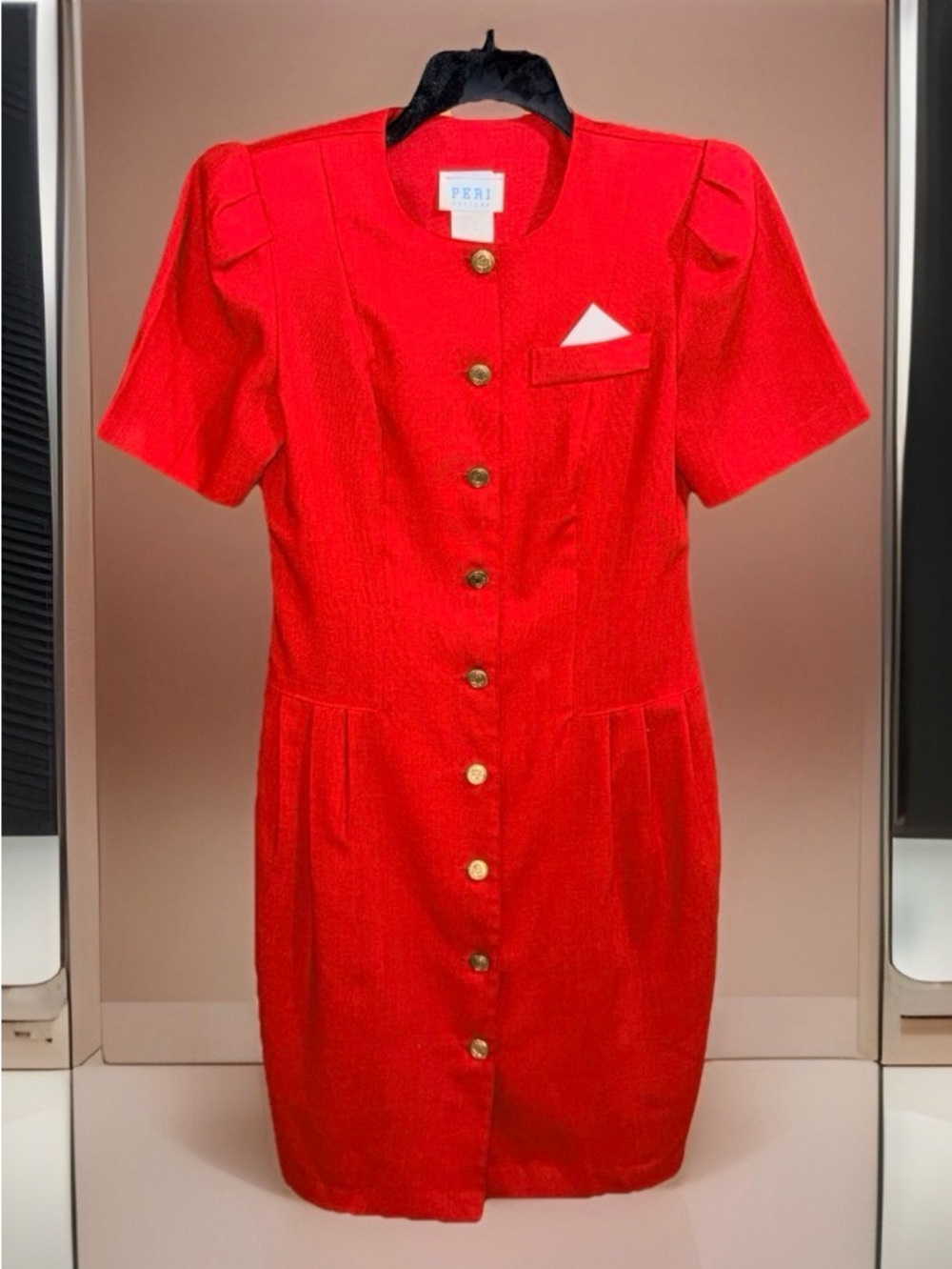 VTG Periwinkle Petites Red Button-Front Mini Dress w/Pocket Detail-8P-EUC